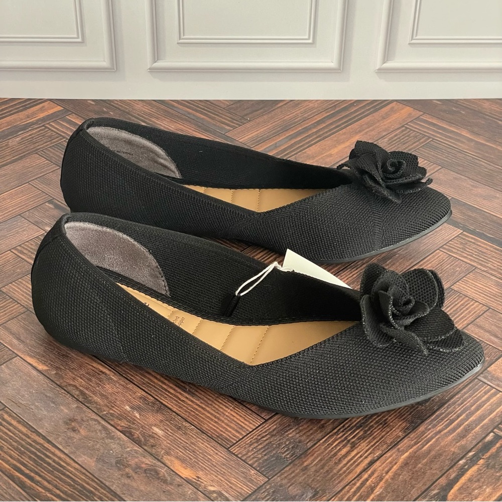 NEW Anthropologie Joie Black Woven Knit Point Toe Flats 3D Flower memory foam - Picture 3 of 8